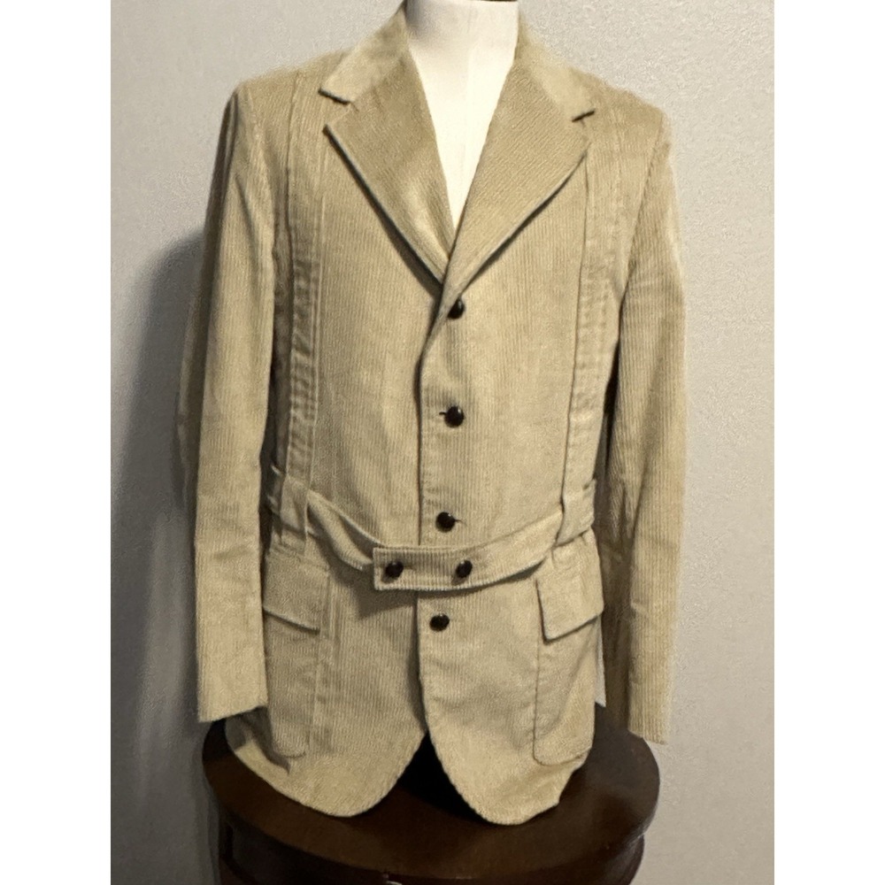 VTG 70s Sears Mens Corduroy Hipster Jacket  42 Belted Chore Hippie Tan Beige USA